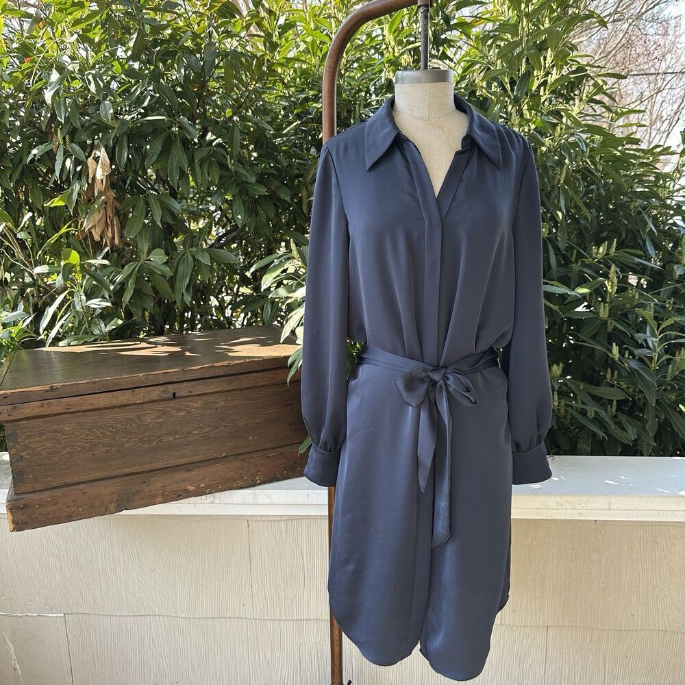Ramy Brook Navy Satin Shirt Dress Tie Waist Lady Of Luxe Minimalist Chic Sz 8